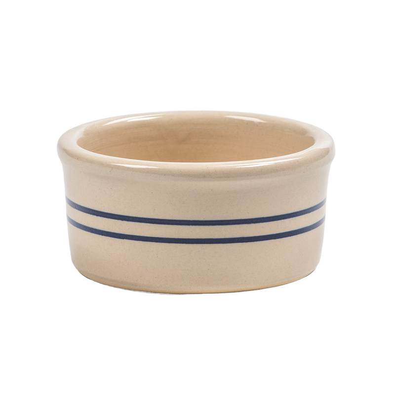 Handcrafted stoneware ramekin in natural color with double blue stripes, made in the USA, ideal for baking and kitchen use in Cookware, Baking Supplies, and Best Sellers collections.