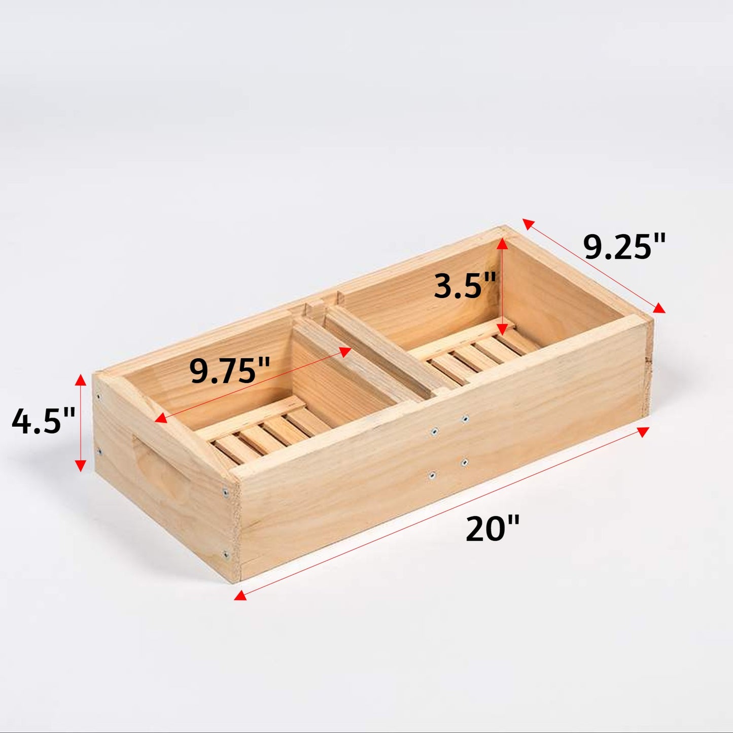 Handcrafted wooden beekeeping feeder with two compartments and slatted bases, Amish made in the USA, designed for farm, garden, and beekeeping supplies.