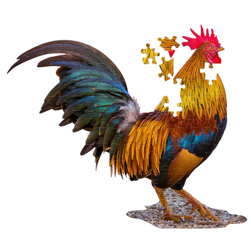 Colorful shaped jigsaw puzzle of a rooster with vibrant feathers and unique puzzle piece borders, part of children’s toys, games, and best sellers collections.
