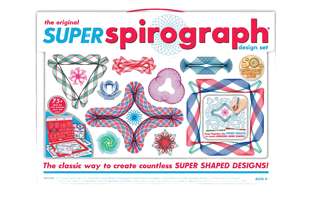 Colorful Original Super Spirograph set featuring over 75 handcrafted pieces including gears and unique arcs in a durable carrying case, ideal for Toys, Arts and Crafts collections.