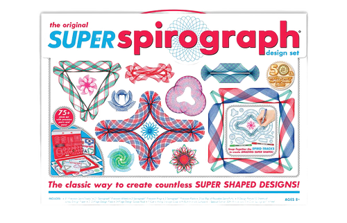 Colorful Original Super Spirograph set featuring over 75 handcrafted pieces including gears and unique arcs in a durable carrying case, ideal for Toys, Arts and Crafts collections.