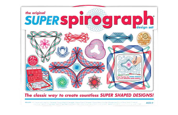 Colorful Original Super Spirograph set featuring over 75 handcrafted pieces including gears and unique arcs in a durable carrying case, ideal for Toys, Arts and Crafts collections.