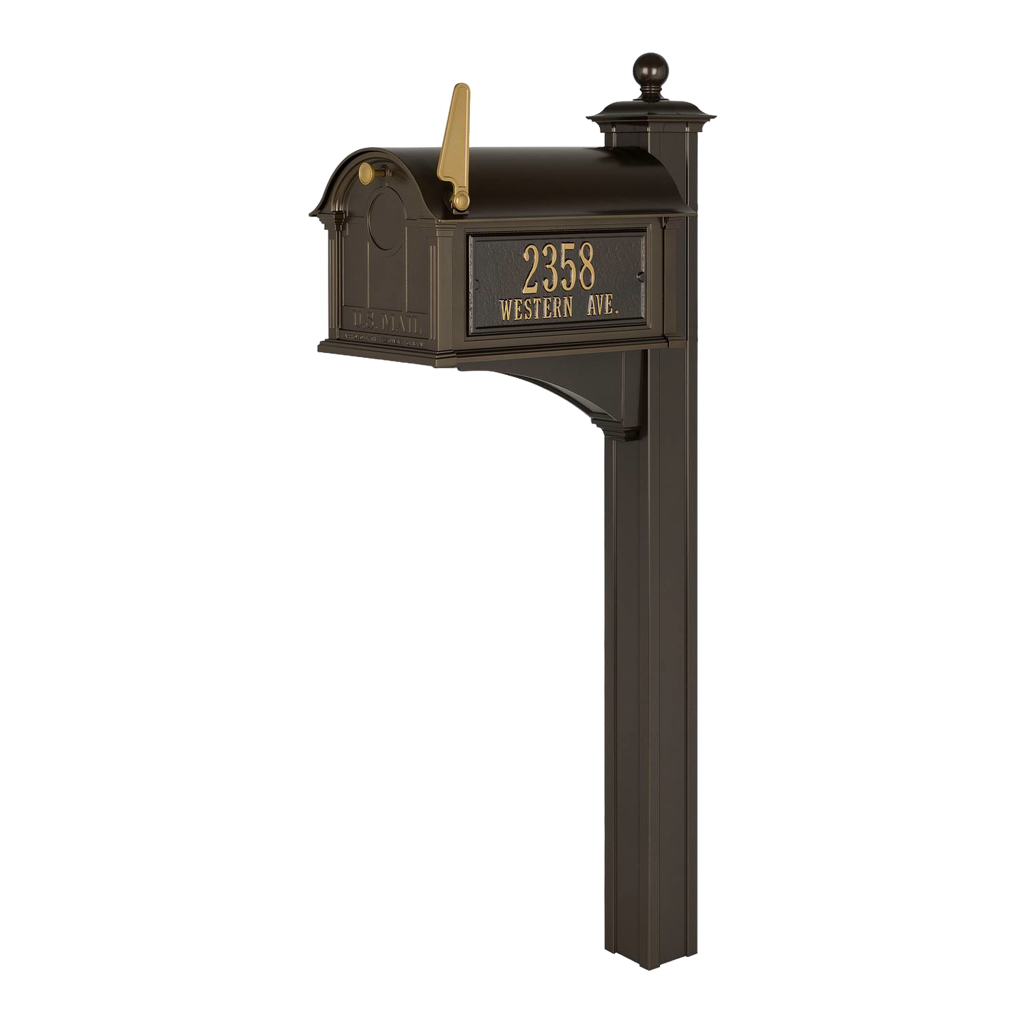 Handcrafted bronze and gold mailbox with personalized address plaque on a matching post, part of USA Made Home & Decor and Mailboxes and Address Signs collections.