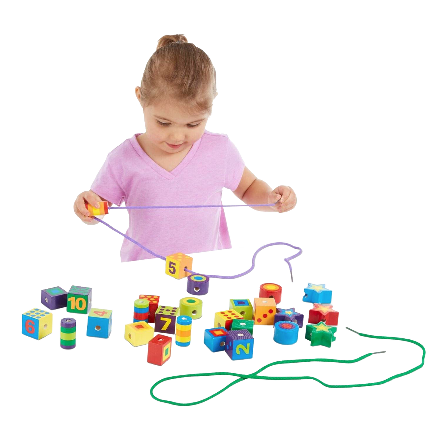 Young child playing with colorful handcrafted wooden lacing beads in various shapes and numbers, designed to support fine motor skills and indoor play in children's toy collections.