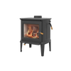 Matte black wood heat stove with large glass door showing burning logs, featuring wooden handle accents, designed for Stoves, Heatstoves, Best Sellers, and Hearthstone Wood Heatstoves collections.
