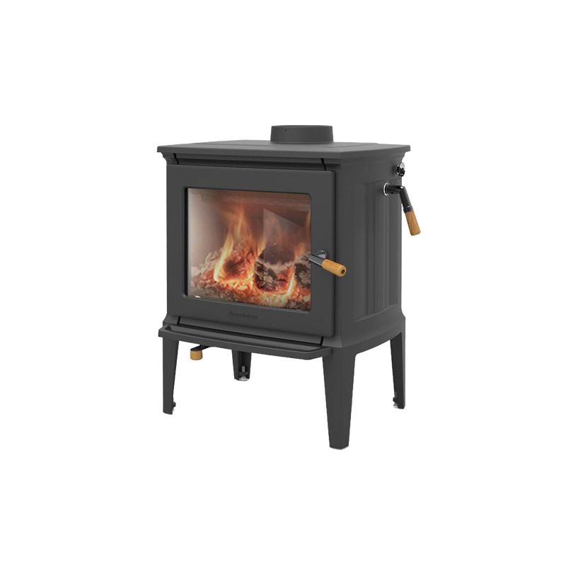 Matte black wood heat stove with large glass door showing burning logs, featuring wooden handle accents, designed for Stoves, Heatstoves, Best Sellers, and Hearthstone Wood Heatstoves collections.
