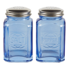 Pair of retro-style blue glass shakers with stainless steel tops, labeled for salt and pepper, perfect for Kitchen & Food, Dinnerware, Best Sellers, and Promo Eligible collections.