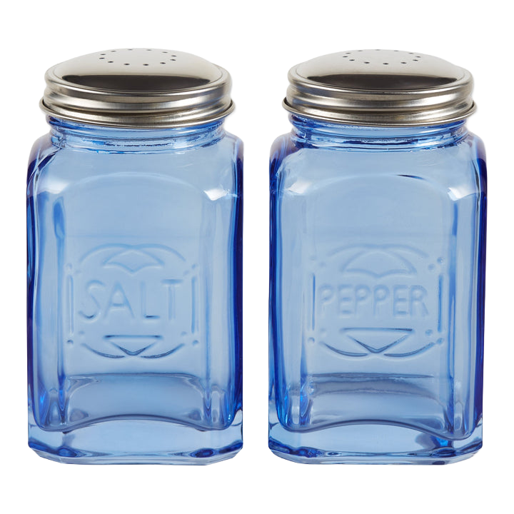 Pair of retro-style blue glass shakers with stainless steel tops, labeled for salt and pepper, perfect for Kitchen & Food, Dinnerware, Best Sellers, and Promo Eligible collections.