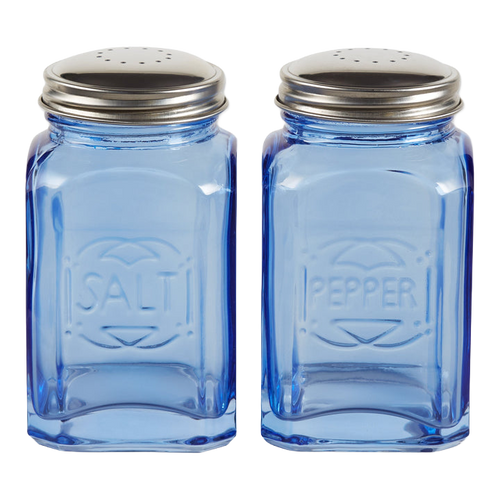 Pair of retro-style blue glass shakers with stainless steel tops, labeled for salt and pepper, perfect for Kitchen & Food, Dinnerware, Best Sellers, and Promo Eligible collections.