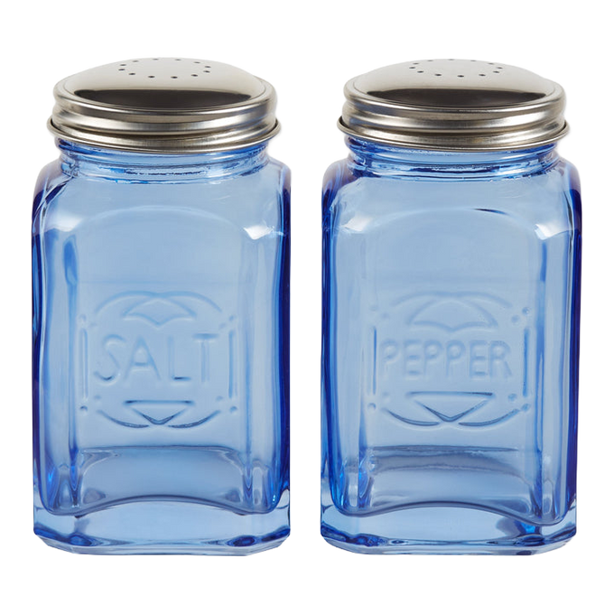 Pair of retro-style blue glass shakers with stainless steel tops, labeled for salt and pepper, perfect for Kitchen & Food, Dinnerware, Best Sellers, and Promo Eligible collections.