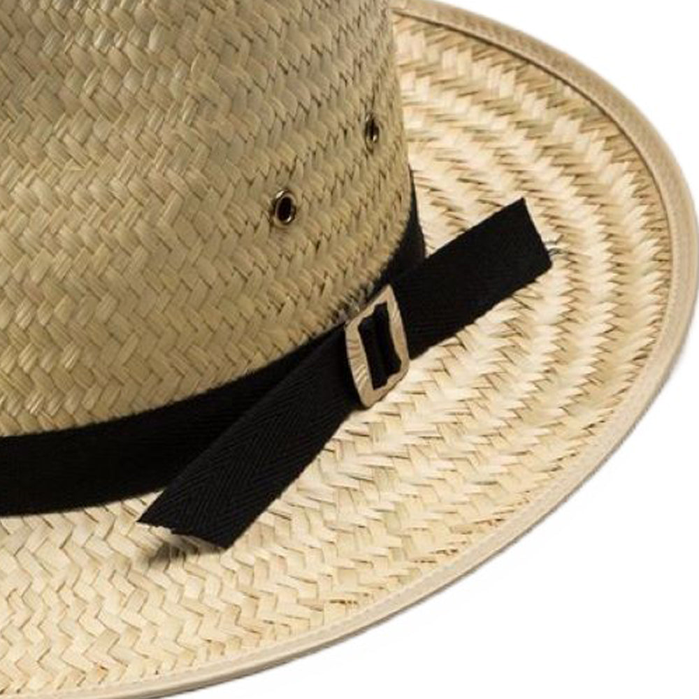 Handcrafted sunset straw hat with a pinched front, featuring a 3-inch wide brim, classic black band with buckle, and leather-like sweatband, Amish made in USA for Health & Wellness and Clothing collections.