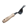 Handcrafted DeWit garden weeding tool with a smooth wooden handle and curved steel blade featuring a forked tip, designed for easy leverage and effective weed removal in farm and garden settings.
