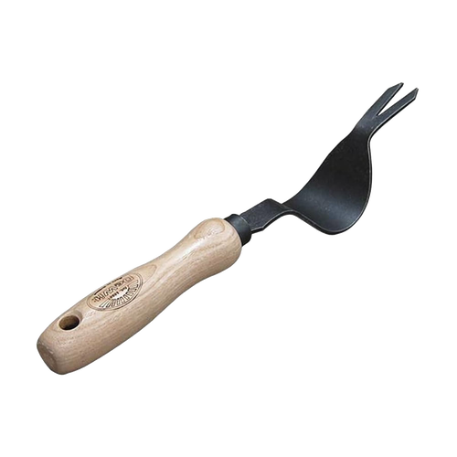Handcrafted DeWit garden weeding tool with a smooth wooden handle and curved steel blade featuring a forked tip, designed for easy leverage and effective weed removal in farm and garden settings.