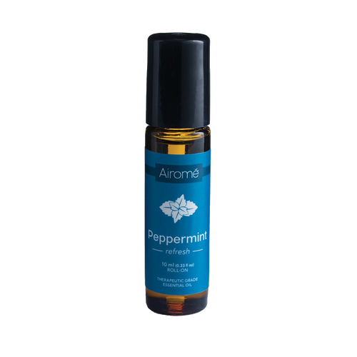 Amber glass roll-on bottle with a black cap containing peppermint essential oil, handcrafted and ready to use, featured in Health & Wellness, Health Remedies, and Best Sellers collections.