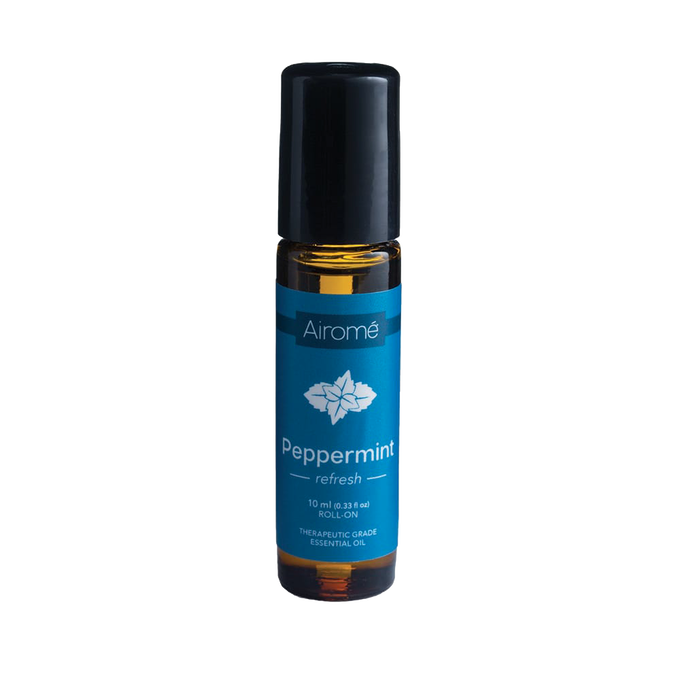 Amber glass roll-on bottle with a black cap containing peppermint essential oil, handcrafted and ready to use, featured in Health & Wellness, Health Remedies, and Best Sellers collections.