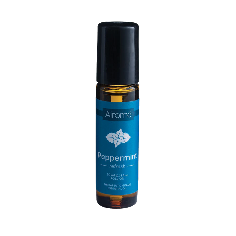 Amber glass roll-on bottle with a black cap containing peppermint essential oil, handcrafted and ready to use, featured in Health & Wellness, Health Remedies, and Best Sellers collections.