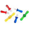 Set of colorful corn holders with tough plastic handles in red, yellow, blue, and green featuring stainless steel pins, designed for easy gripping and safe use, ideal for kitchen accessories.