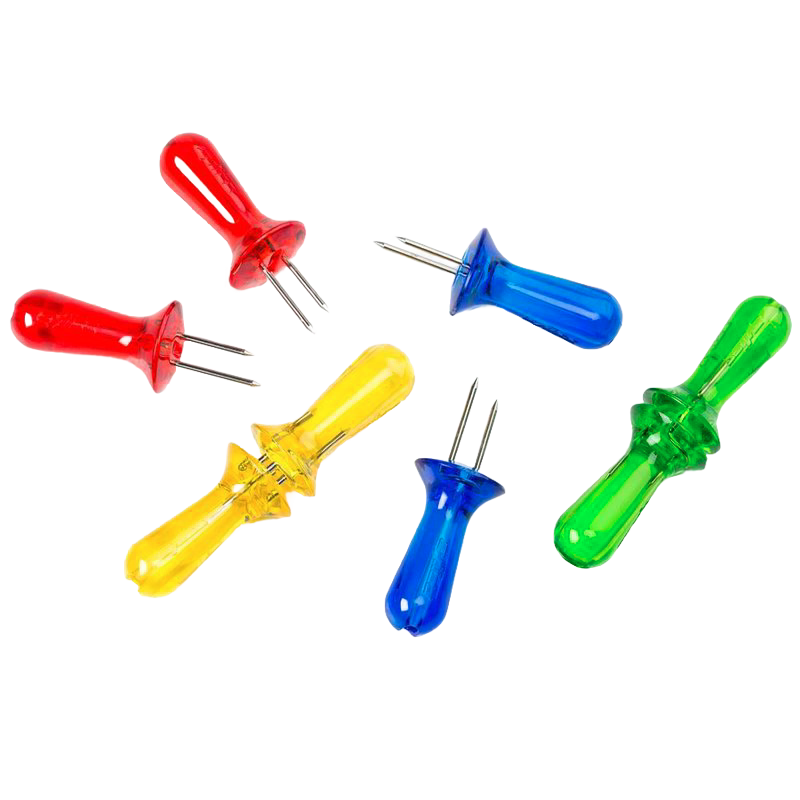 Set of colorful corn holders with tough plastic handles in red, yellow, blue, and green featuring stainless steel pins, designed for easy gripping and safe use, ideal for kitchen accessories.