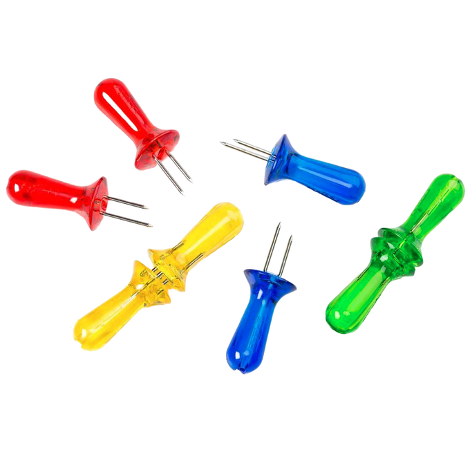 Set of colorful corn holders with tough plastic handles in red, yellow, blue, and green featuring stainless steel pins, designed for easy gripping and safe use, ideal for kitchen accessories.