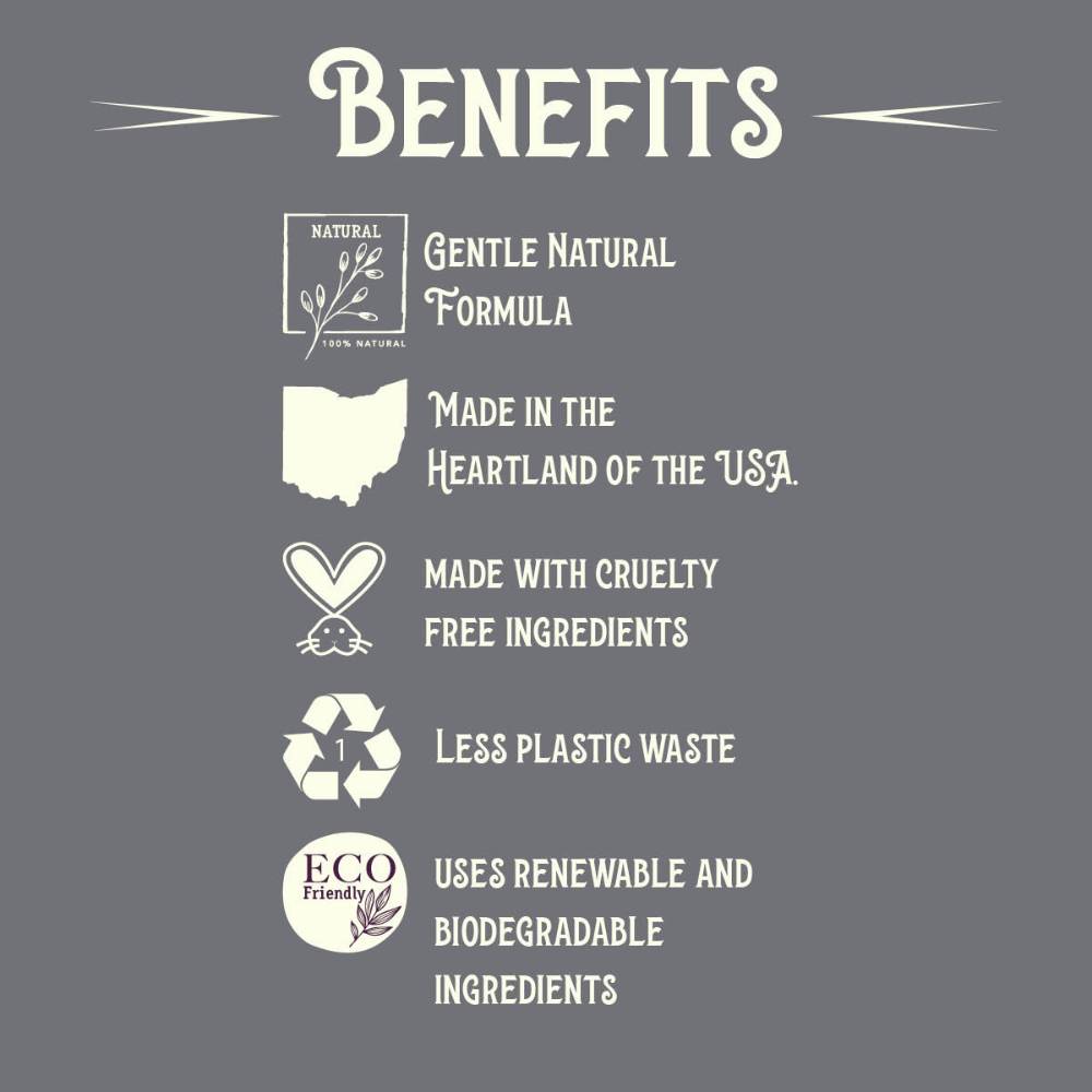 List of product benefits including gentle natural formula with botanical illustration, made in the heartland of the USA with state outline, cruelty-free ingredients represented by rabbit icon, less plastic waste with recycling symbol, and use of renewable biodegradable eco-friendly ingredients in natural health and wellness context.