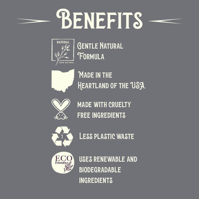 List of product benefits including gentle natural formula with botanical illustration, made in the heartland of the USA with state outline, cruelty-free ingredients represented by rabbit icon, less plastic waste with recycling symbol, and use of renewable biodegradable eco-friendly ingredients in natural health and wellness context.
