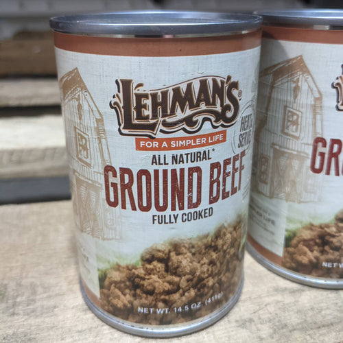 Close-up of a handcrafted can of Lehman's all natural fully cooked ground beef with rustic label design, featured in Kitchen & Food, Food, Meats, Best Sellers, and Promo Eligible collections.