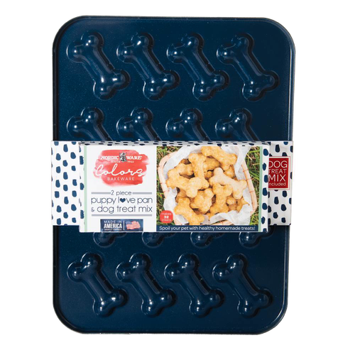 Aluminum bone-shaped dog treat pan with a bag of mix for homemade healthy pet snacks, crafted for pet lovers in Home & Decor, Pet Supplies, and Best Sellers collections.