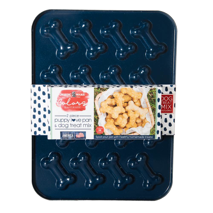Aluminum bone-shaped dog treat pan with a bag of mix for homemade healthy pet snacks, crafted for pet lovers in Home & Decor, Pet Supplies, and Best Sellers collections.
