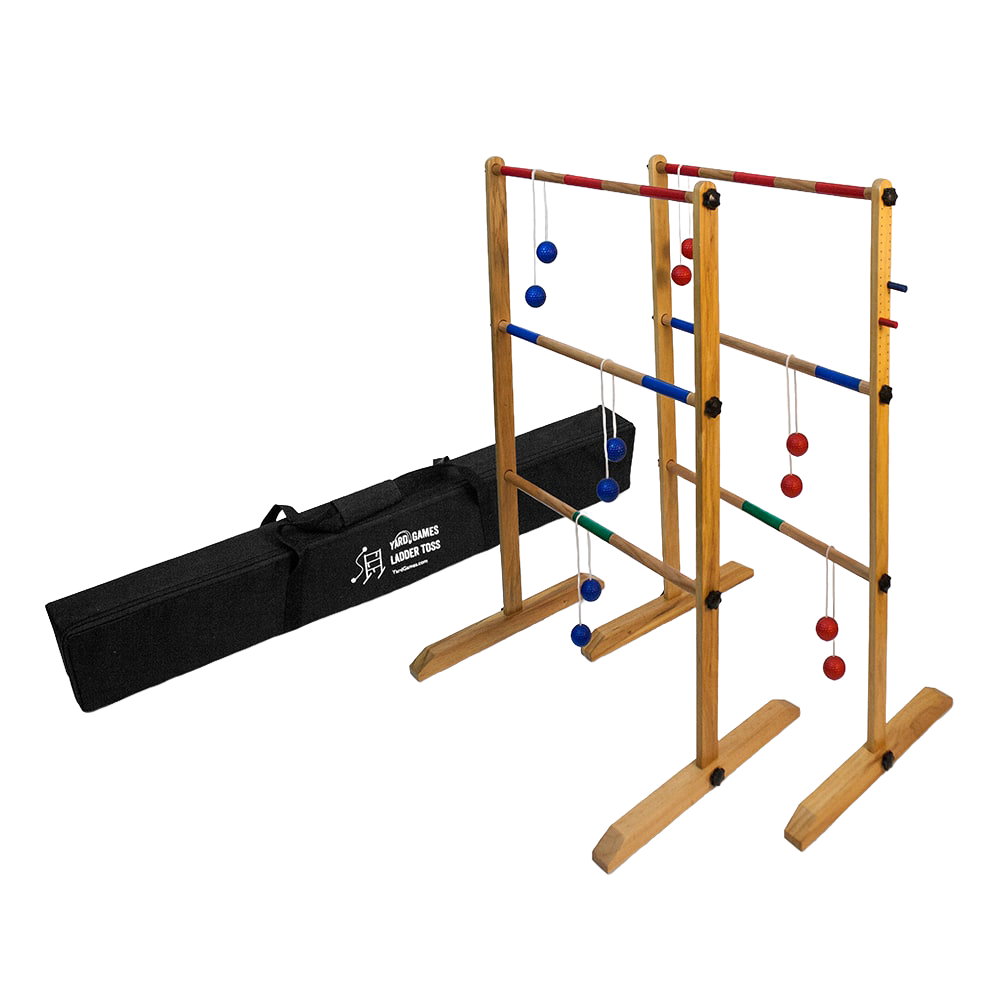 Handcrafted wooden double ladder ball game set with six red and blue golf ball bolas, including a black carrying case, perfect for Toys, Books & Games, Lawn Games, Best Sellers, and Promo Eligible collections.