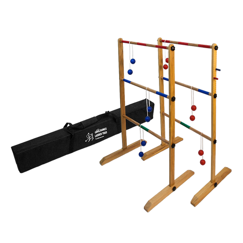 Handcrafted wooden double ladder ball game set with six red and blue golf ball bolas, including a black carrying case, perfect for Toys, Books & Games, Lawn Games, Best Sellers, and Promo Eligible collections.