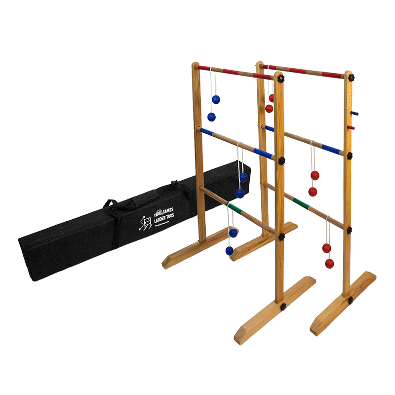 Handcrafted wooden double ladder ball game set with six red and blue golf ball bolas, including a black carrying case, perfect for Toys, Books & Games, Lawn Games, Best Sellers, and Promo Eligible collections.
