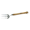 Hand tool featuring mirror-polished stainless steel tines and a weatherproofed wooden handle, designed for garden use in digging, cultivating, and lawncare tasks.