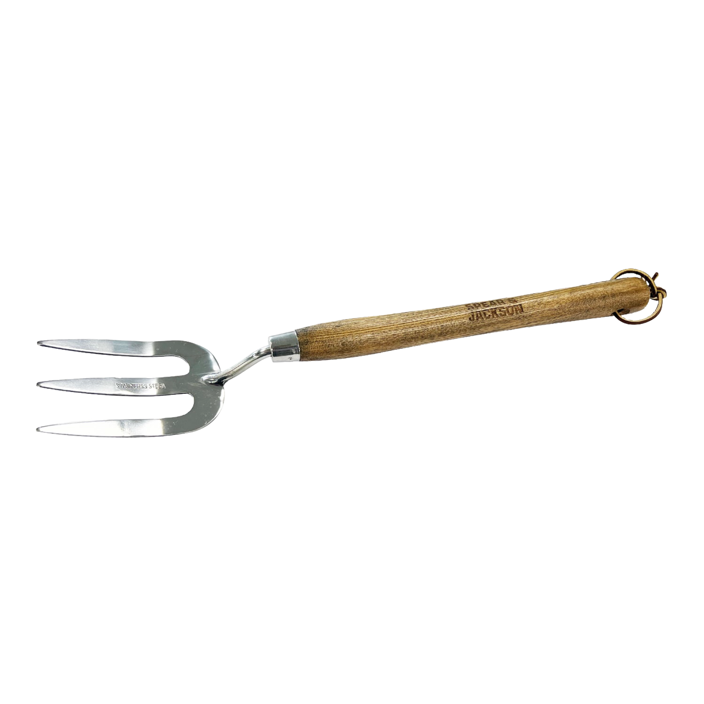 Hand tool featuring mirror-polished stainless steel tines and a weatherproofed wooden handle, designed for garden use in digging, cultivating, and lawncare tasks.