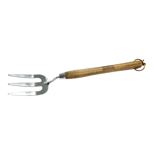 Hand tool featuring mirror-polished stainless steel tines and a weatherproofed wooden handle, designed for garden use in digging, cultivating, and lawncare tasks.