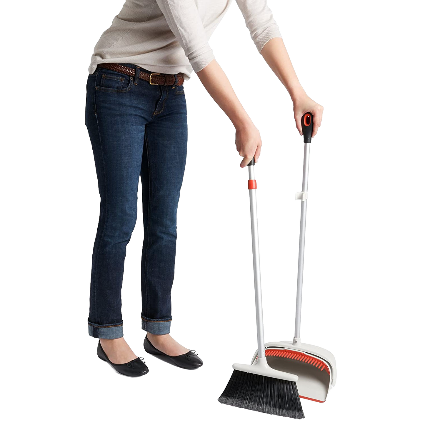 Person holding an OXO Sweep Set with an extendable broom featuring soft flagged bristles and an extra-large dustpan, ideal for Home & Decor, Household Cleaning, and Cleaning Utensils collections.