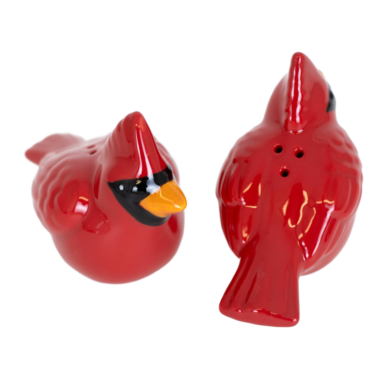 Handcrafted red earthenware cardinal salt and pepper shakers with detailed hand-painted features and rubber stoppers, perfect for Kitchen & Food, Dinnerware, and Best Sellers collections.