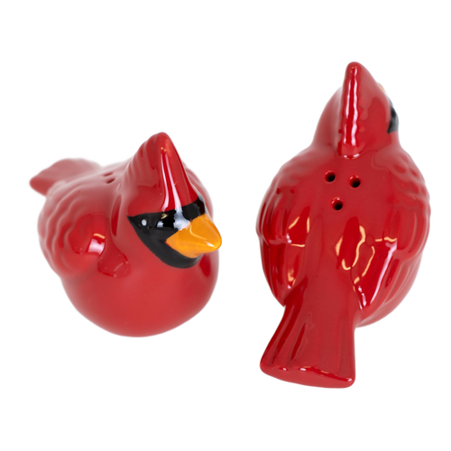 Handcrafted red earthenware cardinal salt and pepper shakers with detailed hand-painted features and rubber stoppers, perfect for Kitchen & Food, Dinnerware, and Best Sellers collections.