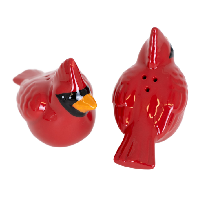 Handcrafted red earthenware cardinal salt and pepper shakers with detailed hand-painted features and rubber stoppers, perfect for Kitchen & Food, Dinnerware, and Best Sellers collections.