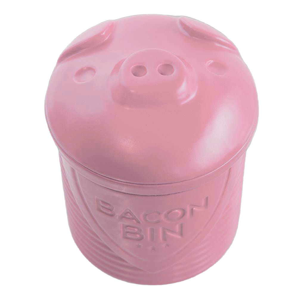 Pink silicone grease holder shaped like a pig with embossed "Bacon Bin" lettering, designed for safely straining and storing bacon grease, part of Kitchen Gadgets and Best Sellers collections.