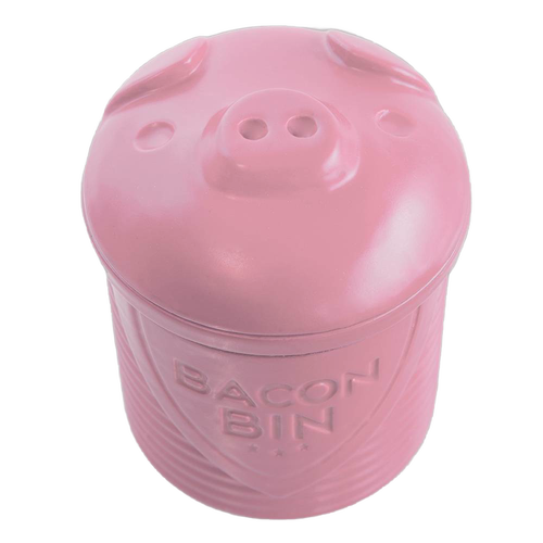 Pink silicone grease holder shaped like a pig with embossed "Bacon Bin" lettering, designed for safely straining and storing bacon grease, part of Kitchen Gadgets and Best Sellers collections.