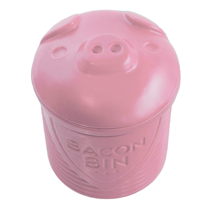 Pink silicone grease holder shaped like a pig with embossed "Bacon Bin" lettering, designed for safely straining and storing bacon grease, part of Kitchen Gadgets and Best Sellers collections.