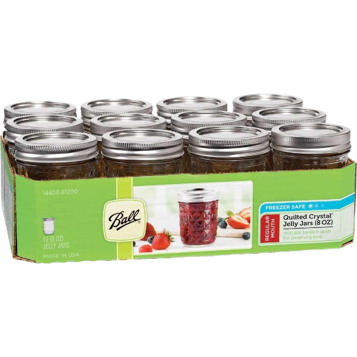 Pack of twelve handcrafted regular-mouth quilted glass jelly jars holding 8 oz each, ideal for canning and food preservation, made in USA, featured in Kitchen & Food and Best Sellers collections.