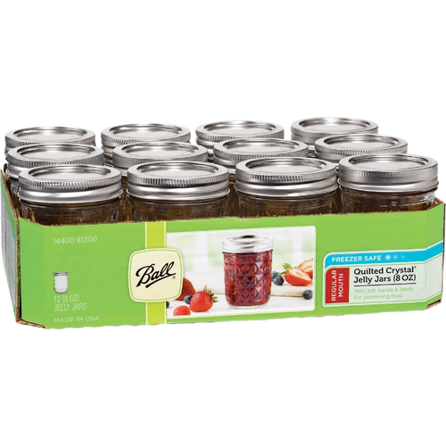 Pack of twelve handcrafted regular-mouth quilted glass jelly jars holding 8 oz each, ideal for canning and food preservation, made in USA, featured in Kitchen & Food and Best Sellers collections.