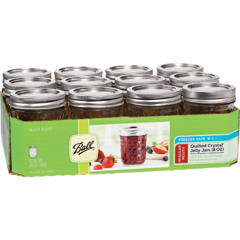 Pack of twelve handcrafted regular-mouth quilted glass jelly jars holding 8 oz each, ideal for canning and food preservation, made in USA, featured in Kitchen & Food and Best Sellers collections.