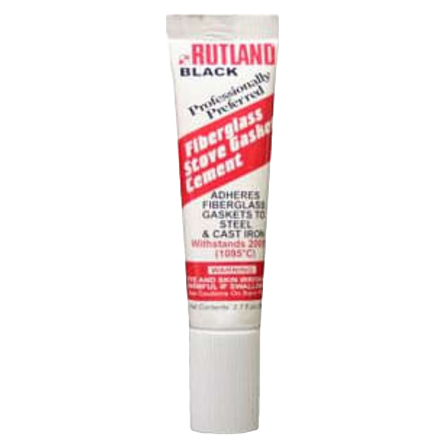 Tube of handcrafted fiberglass stove gasket cement in white and red packaging, designed for durable sealing on steel and cast iron wood stoves, part of hearth accessories and best sellers collections.