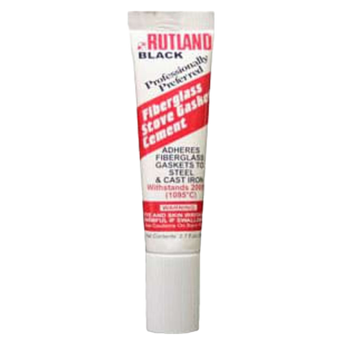 Tube of handcrafted fiberglass stove gasket cement in white and red packaging, designed for durable sealing on steel and cast iron wood stoves, part of hearth accessories and best sellers collections.