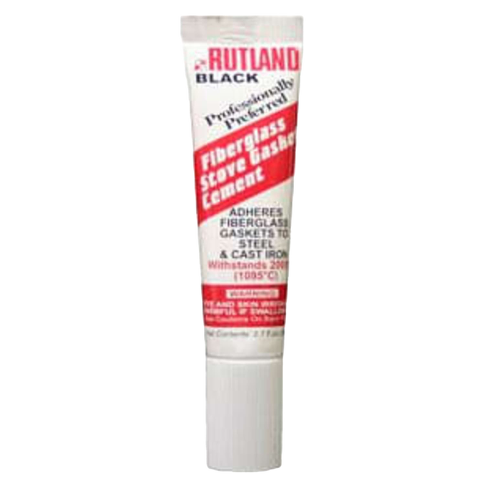 Tube of handcrafted fiberglass stove gasket cement in white and red packaging, designed for durable sealing on steel and cast iron wood stoves, part of hearth accessories and best sellers collections.