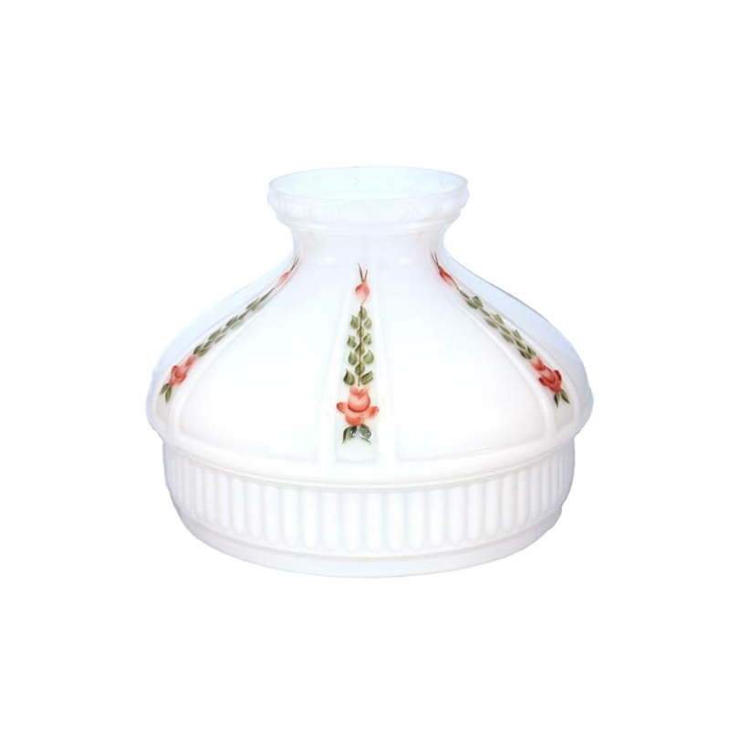 Handcrafted opal glass oil lamp shade with red rose and green leaf patterns, designed to soften light, ideal for lamps and lighting, parts and accessories, and best sellers collections.