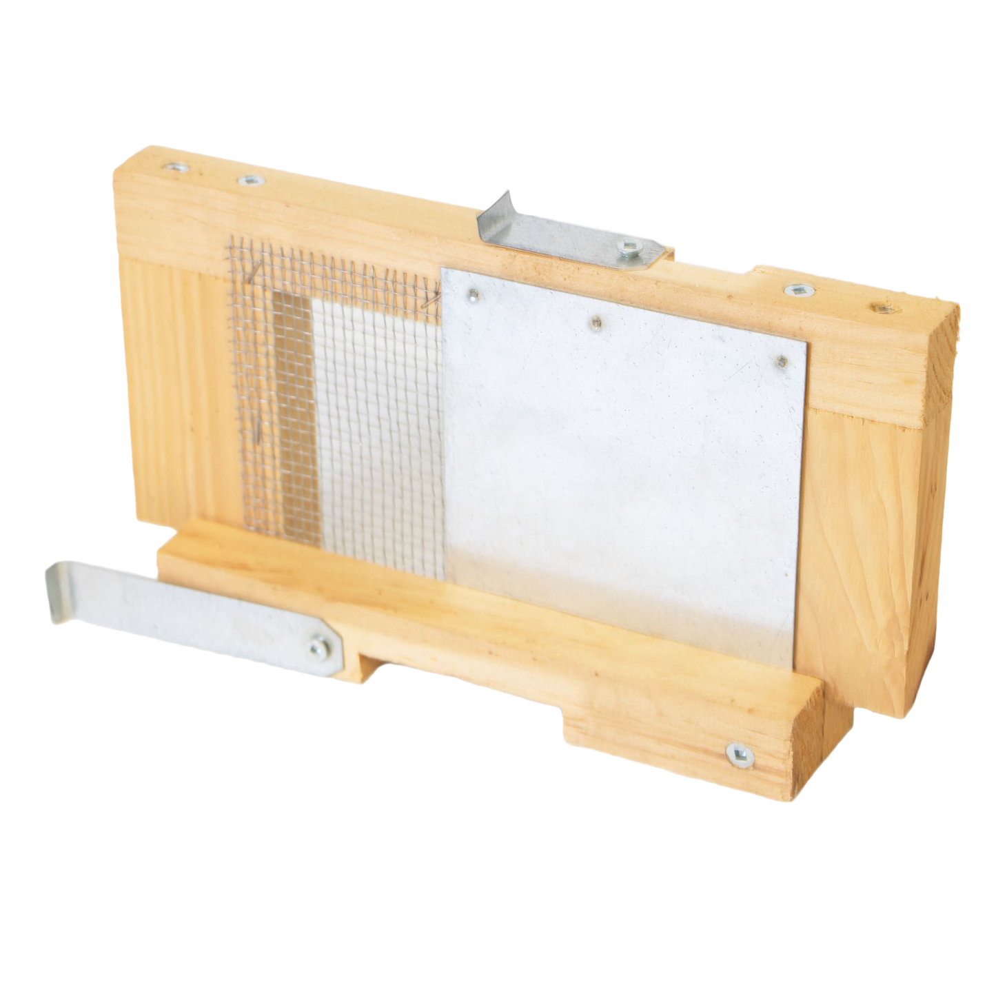 Handcrafted wooden robbing screen with metal mesh and adjustable metal latches, designed for beekeeping to protect hives, Amish made in the USA, featured in Farm, Garden & Tool collections.