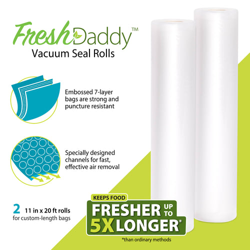 Two white vacuum sealer rolls with embossed 7-layer bags and special air removal channels, designed for food preservation, freezing, and kitchen storage needs.